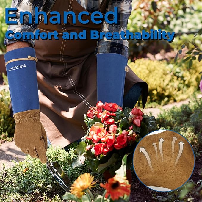 HANDLANDY Long Gardening Gloves for Men & Women, Pigskin Leather Rose Pruning Gloves, Breathable Thorn Proof Gauntlet Glove (Blue, L)