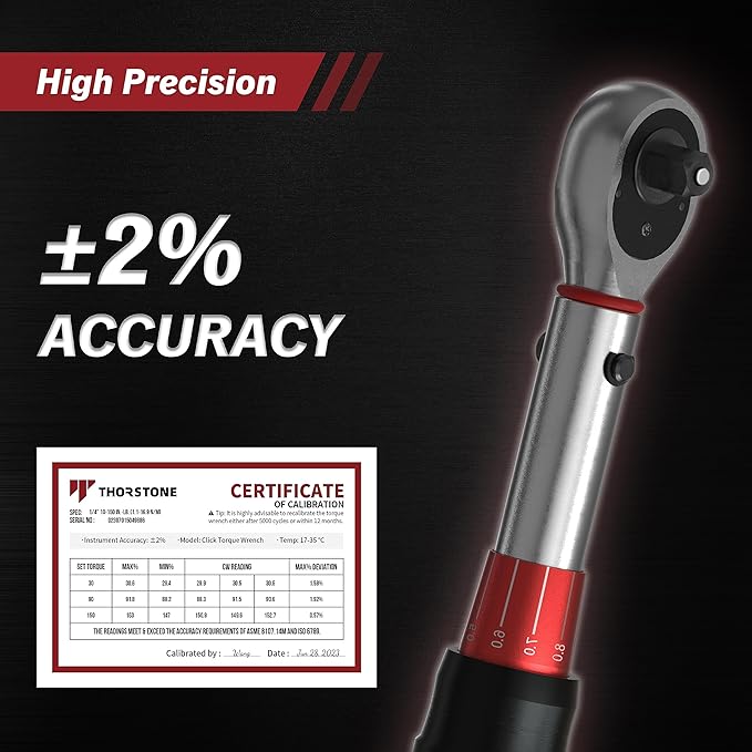 Thorstone 1/4 Torque Wrench, 90-Tooth Gear Professional Precision, 10-150 IN-LB/1.1~16.9 Nm Adjustable Micrometer Click Torque Wrench, for Bicycle Maintenance, ±2% Clockwise High Accuracy
