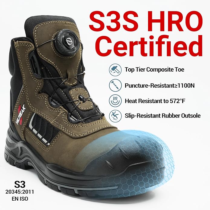 Composite Toe Work Boots for Men and Women – Exceeds Steel Toe Protection, Quick Fit System, Kevlar Puncture-Resistant Midsole, S3 HRO Certified, Heat-Resistant, Waterproof, Rubber Slip-Resistant Outsole, Safety Shoes for Industrial & Welding Use