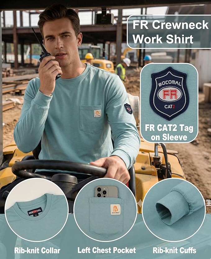 BOCOMAL FR Shirts Lightweight Classic Crew Long Sleeve Fire Resistant Shirt CAT2