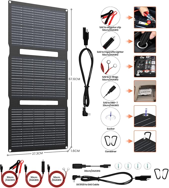 FlexSolar 15W Foldable Solar Panel Trickle Charger Maintainer Kits - 12V DC & USB Output with Built-in Controller Includes Cigarette Lighter, Alligator Clips, O-Rings,OBDII Connector for Car, Truck