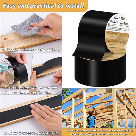 4 Rolls Butyl Joist Tape for decking, 4 Inch x 50 Feet Weatherproof Butyl Sealant Deck Tape Joist-Beam Deck Joist Tape Bulk for Wood Joists Decks Beams Roof