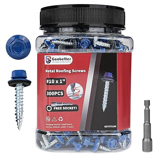 Metal Roofing Screws 10 x 1 Galvanized Hex Head Sheet Metal Screws, Metal to Wood Siding Screws, Self Tapping Screw with EPDM Washer for Corrugated Roofing (Blue-300Pcs)