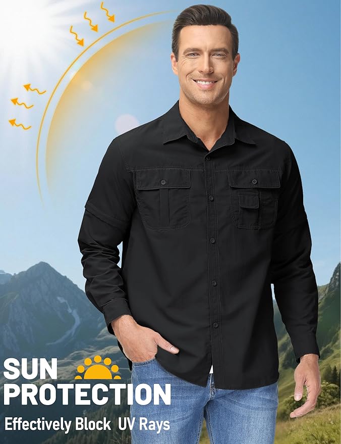 TACVASEN Men's Convertible Long Sleeve Fishing Shirts Lightweight Quick Dry Button Up Tactical Sun Shirts for Safari Hiking