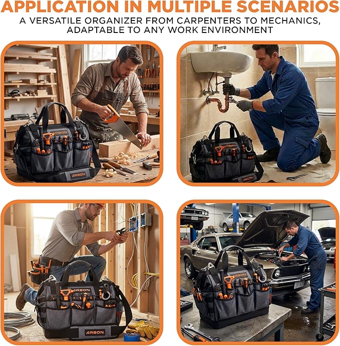 Arbon Electrician Tool Bag – Heavy Duty Organizer with 34 Pockets, Large Storage for Men, 5-Layer Reinforced Walls, Metal Frame, Hard Molded Base, Water Resistant Polyester PP Plastic, Grey, 52+ lb