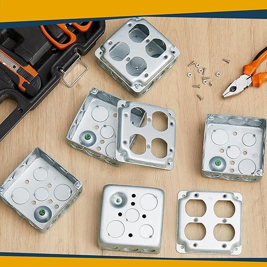 8 Set 4 × 4" Electrical Junction Box with Cover Electrical Metal Outlet Box, 21.0 Cu. in. Capacity Receptacle Exposed Work Cover, 1-1/2'' Deep (Double Duplex Receptacle)