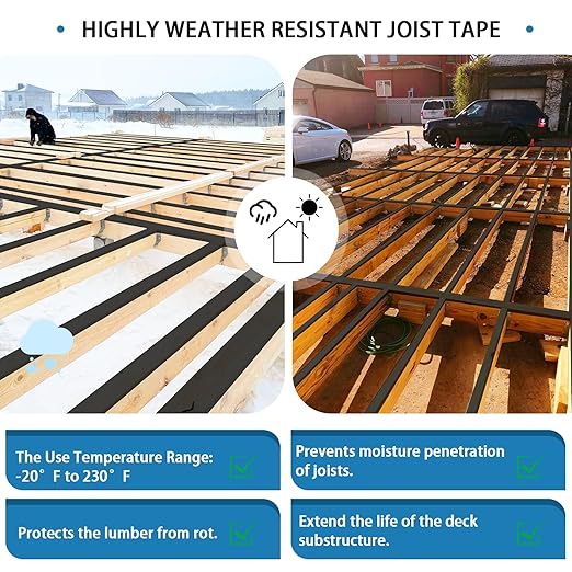 Deck Joist Tape 6''×50', 4 Pack Weather-Resistant Joist Tape for Decking, Waterproof Seal Antiseptic Butyl Decking Tape,Self-Adhesive Flashing Joists Tape for Wood Decks Beams Roof