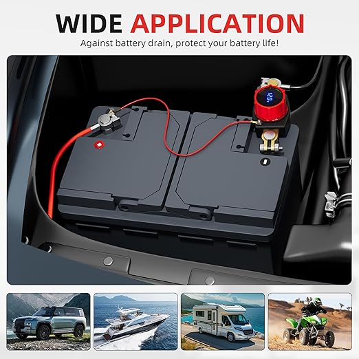 Joinfworld Top Post Battery Disconnect Switch 12V-48V with Led Voltmeter, DC 5-60V Battery Kill Switch Negative On/Off Battery Cut Off Switch for Marine, Cars, Vehicles, RVs and Boats