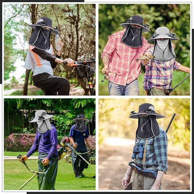2 Pcs Solar Fan Hats Wide Brim Fishing Hats with 2 Solar Fan and Removable Face Cover Cooling Buckets for Men Women