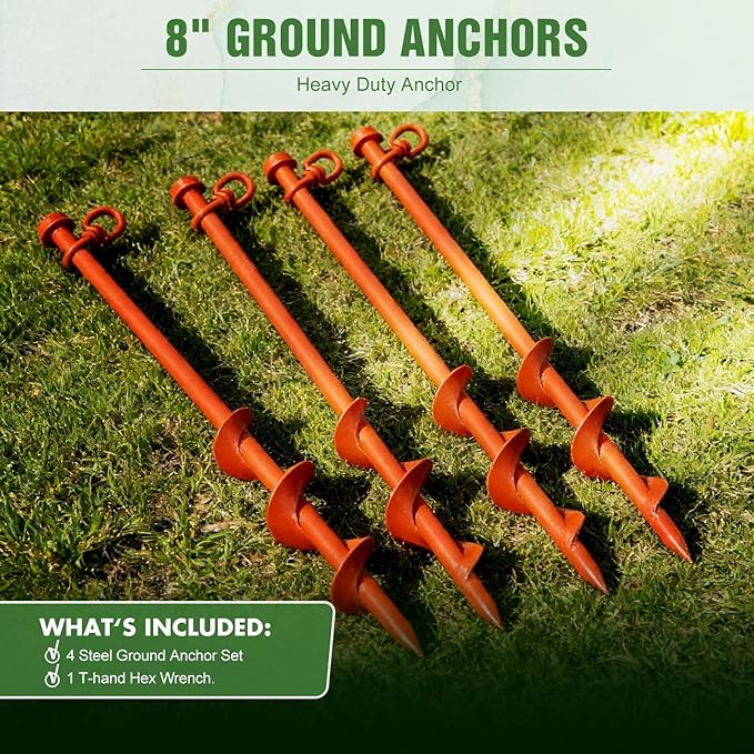 Hiboom 4 Pcs Ground Anchors with T Handle Hex Wrench Trampoline Hook, Ground Anchor Screw in Kit, Inflatable Outdoor Decorations Accessories for Camping Tents Car Ports Canopies (Orange,8 Inch)