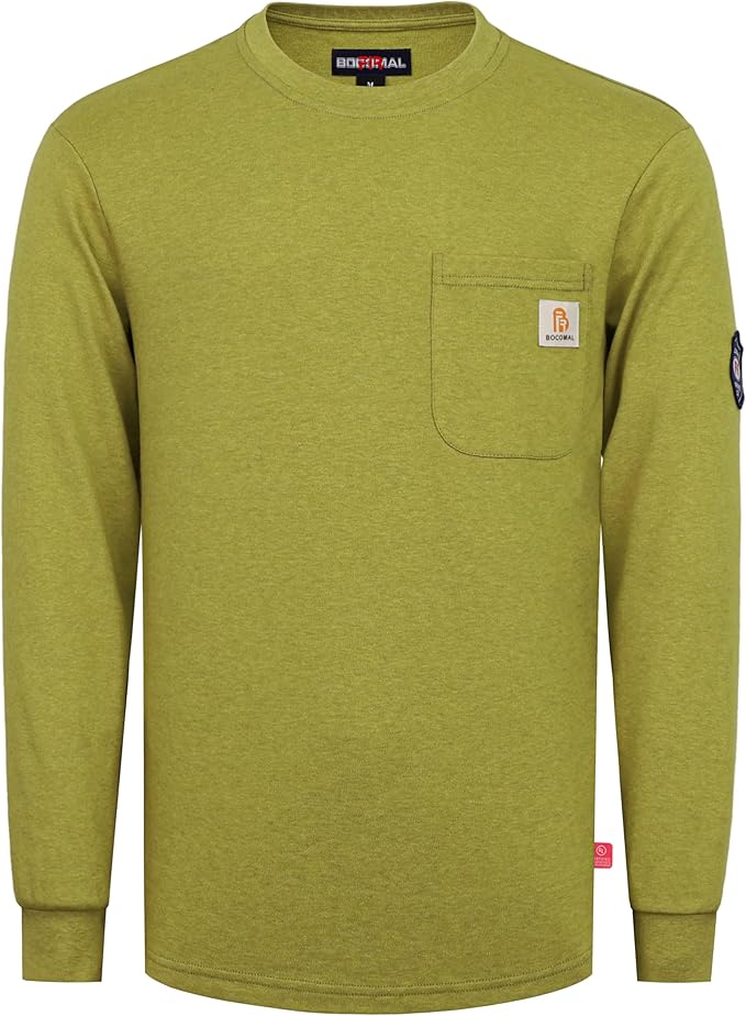 BOCOMAL FR Shirts Crewneck 7oz Midweight Flame Resistant Clothing NFPA2112 CAT2 Men's Fire Retardant Work Shirt