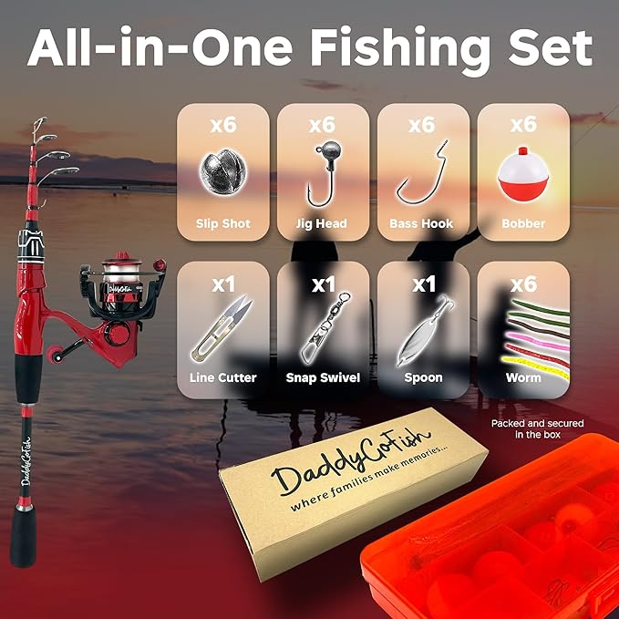 DaddyGoFish Spinning Fishing Rod and Reel Combo Set with Tackle Box | Kids Fishing Pole | Carbon Fiber Telescopic Fishing Rod Kit | Spinning Reel for Travel Saltwater Freshwater Fishing Gear Kit
