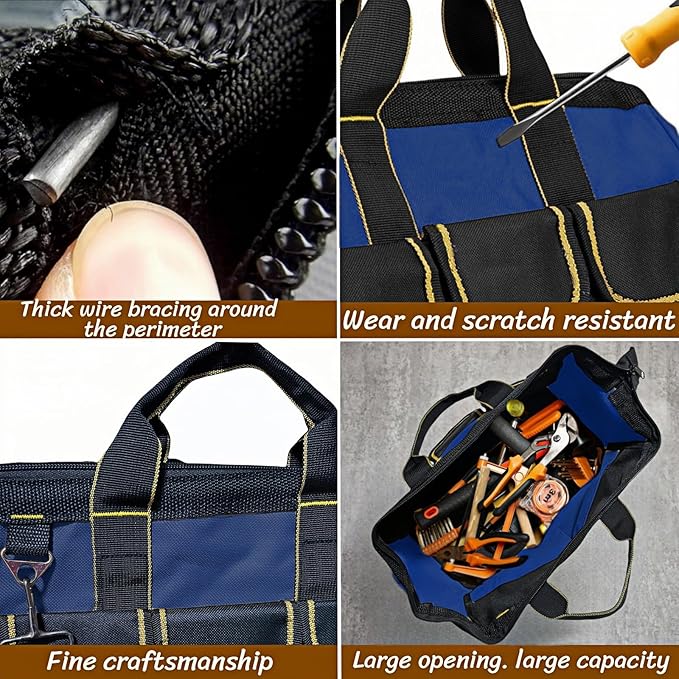 13 Inch Heavy Duty Tool Bag for Men, Waterproof Hard Bottom, Wide Mouth with Zipper Tool Bag, Multi Pocket Organizer for Electricians, Carpenters, Mechanics (Blue)