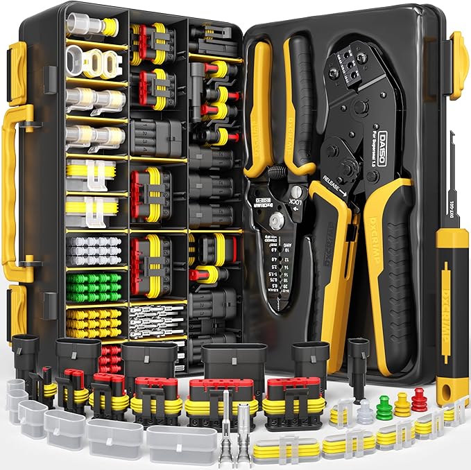 Automotive Electrical Connectors & Crimping Tool Kit, 1-6 Pin 1.5 Series Waterproof Wire Plugs 24-14 AWG with Ratcheting Crimper, Dust Caps, Wire Stripper & Removal Tool for Auto Marine Wiring