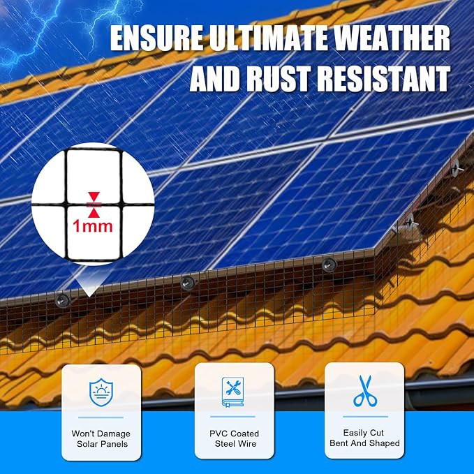8in X 100ft Solar Panel Bird Guard - 1/2" Black PVC Mesh Galvanized Rust-Resistant Net, Critter Guard for Solar Panels with 70 Fastener Clips, Gloves, Cutting Pliers
