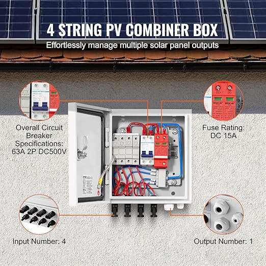 VEVOR PV Combiner Box, 4 String Metal Solar Combiner Box with 15A Rated Current Fuse 63A Circuit Breaker Lightning Arrester, Steel Case for On/Off Grid Solar Panel System, IP65