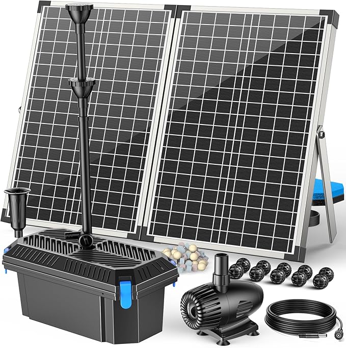 Antfraer 70W Solar Pond Filter with Water Pump, Solar Fountain Pump with Pond Filter Adjustable Flow, Pond Filter Box with Filter Medias for Outdoor Ponds Fish Tank Waterfall Water Features