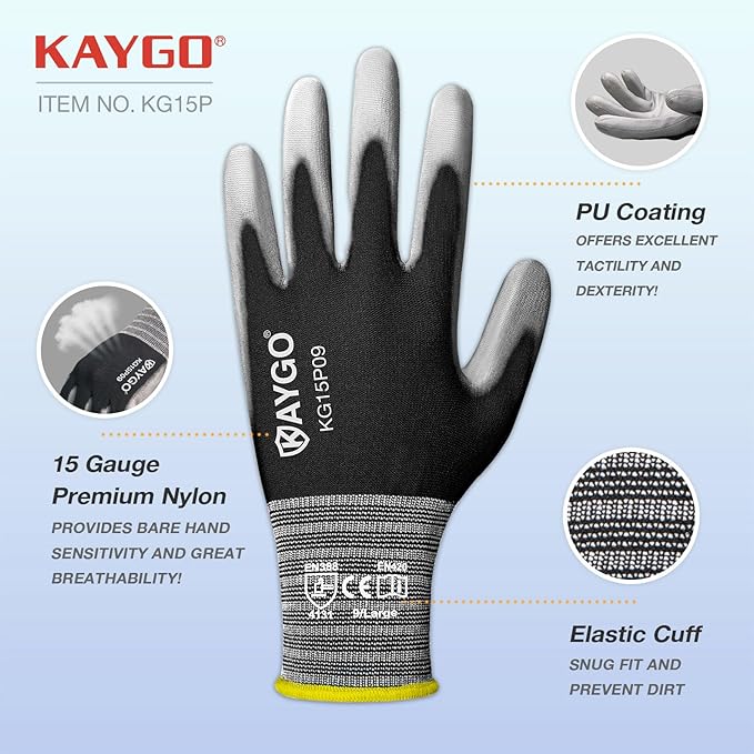 KAYGO Work Gloves PU Coated 12 Pairs, KG15P,Nylon Liner with Flexible Polyurethane Coating,Safety Work Gloves for DIY, Assembly, Warehouse, Light Duty Work (XX-Large, Black)
