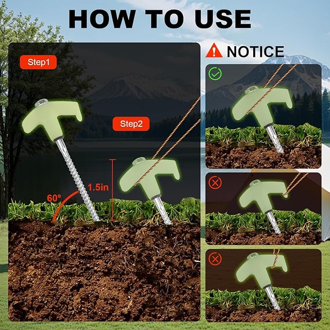 12 Pcs Tent Stakes Heavy Duty, 8 in Ground Anchors Screw in, Grow in the Dark Screw in Tent Stakes, Camping Stakes with Storage Box, Threaded Tent Spikes with Hex Head Driver and Stake Puller