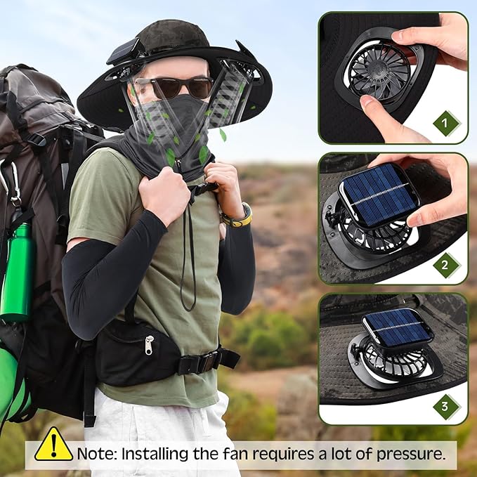 Syhood Solar Powered Fan Hat with Arm Sleeves Neck Gaiter for Men Women Outdoor Wide Brim Bucket Hat with Fan for Hiking