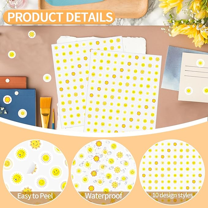 2400 Pcs Small Stickers for Kids,Mini Sun Sticker Cute Smile Face Paper Decals 10 Designs Yellow Self-Adhesive Stickers for Summer Party Envelopes Scrapbook Gifts DIY Supplies,0.5in（Sun）