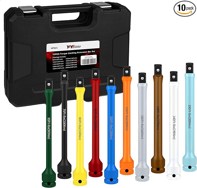YIYITOOLS 10Pcs 1/2" Drive Torque Limiting Extension Bar Set, 8" Long Torque Sticks (65-150 Ft-Lbs), Impact Socket Extensions with Storage Case, Color-Coded, for Lug Nuts, Tire Repair