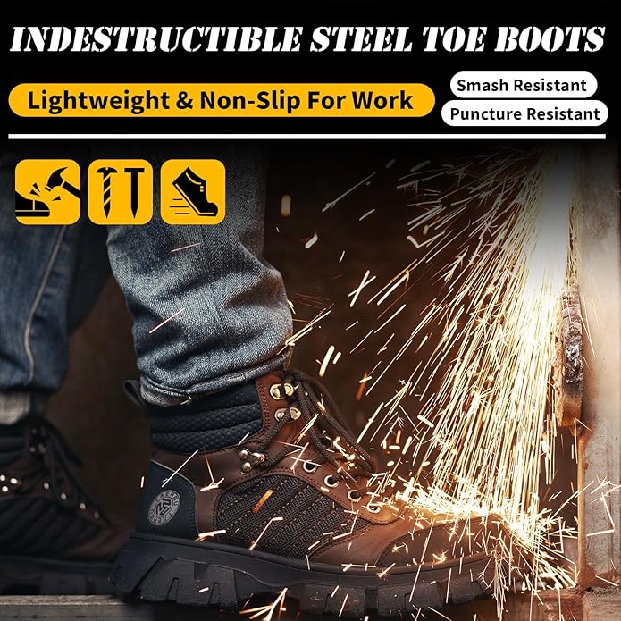KELODON Waterproof Steel Toe Boots For Men-6 Inch Comfortable Mens Safety Work Boots Indestructible Steel Toe Shoes Lightweight Non Slip Puncture Resistant Industrial Construction Boot