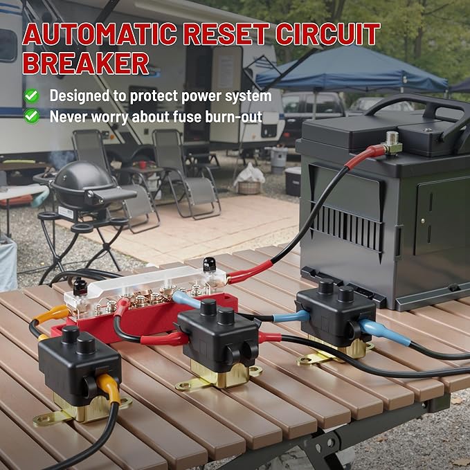 RED WOLF (50A 4PCS) DC 6V-50V Automatic Reset Circuit Breaker #10-32 Stud Bolt Type Circuit Breaker with Metal Fuse Housing Pre-Trimmed Cover Reusable for Boat Marine Trolling Motor RV Battery System