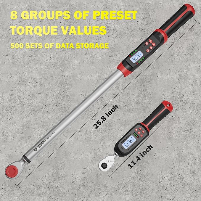 VANPO Digital Torque Wrench Set, 2Pcs 3/8" (3.1-62.7Ft.lb/4.2-85Nm) & 1/2" (14.7-295Ft.lb/20-400Nm) Electronic Torque Wrench with Buzzer, LED Indicator, Preset Value, Data Storage for Moto, Car, Truck