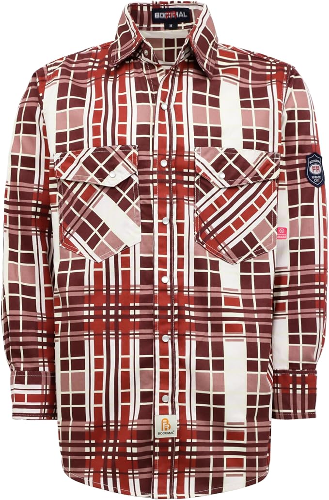 BOCOMAL FR Shirts Flame Resistant NFPA2112/CAT2 6.5oz Light Weight Printed Fire Retardant Plaid Shirt