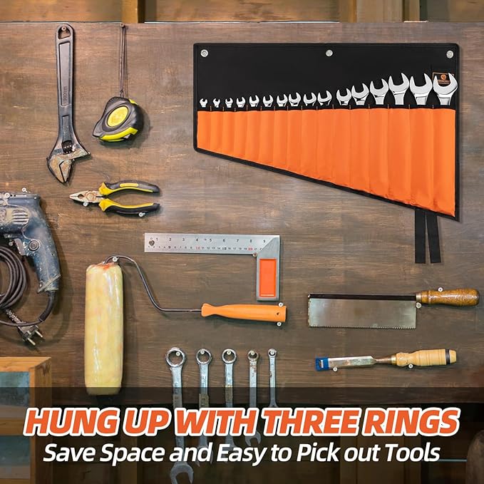Wrench Roll Organizer 16 Pockets, Wrench Pouch Roll Up with Water Proof Oxford Cloth, Tool Roll Bag for Wrenches Organization, Black and Orange
