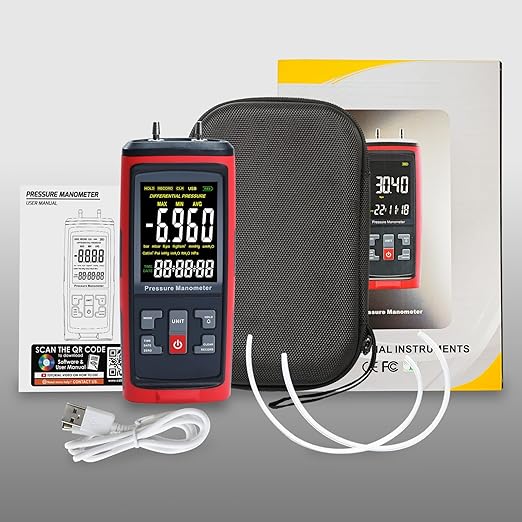 Manometer Data Logger Digital Manometer Gas Pressure Tester with ±200 inH2O Measuring Range, Differential Pressure Gauge 13 Selectable Units Manometer HVAC with Large LCD Screen
