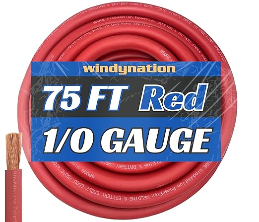WNI 1/0 Gauge 75 Feet Red 1/0 AWG Ultra Flexible Welding Battery Copper Cable Wire - Made in The USA - Car, Inverter, RV, Solar