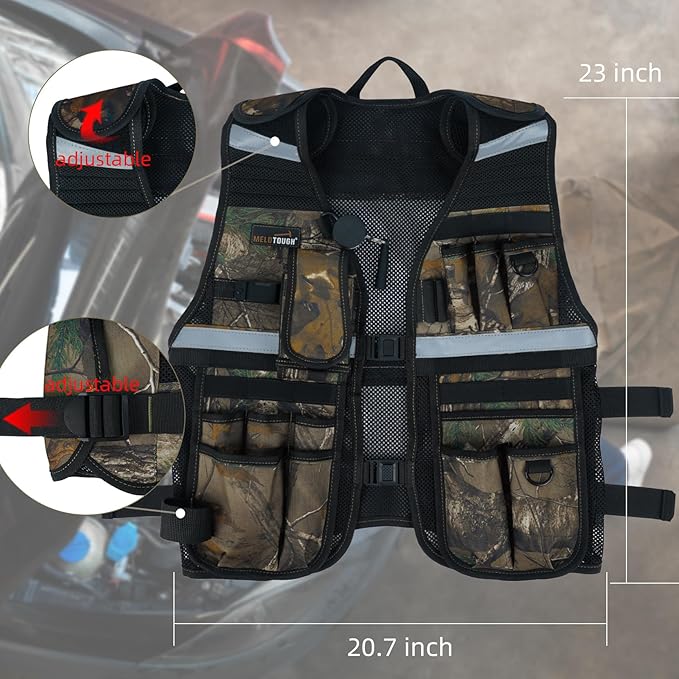 MELOTOUGH Tool Vest for Men Reflective Safety Tool Vest with Adjustable Straps,Removable Phone Holder for Electrical,Carpenters,Construction(Camo)