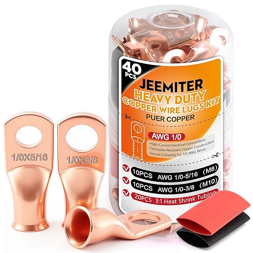 Jeemiter 20pcs 1/0 AWG Battery Lugs 3/8"(M10) & 5/16"(M8) Heavy Duty Copper Terminals with 20pcs 3:1 Heat Shrink Tubing - 0 Gauge Wire Connectors & Cable Ends in Dual-Neck Bottle for Auto Marine Solar