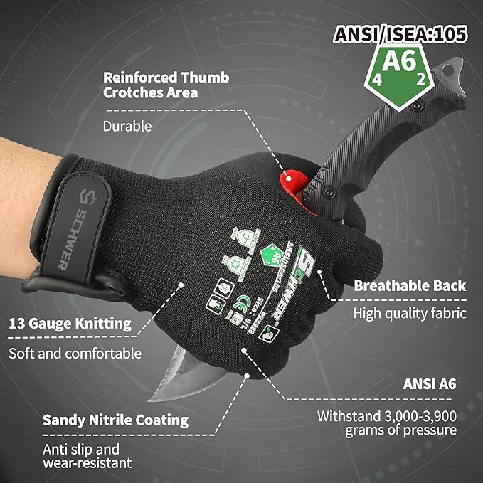 Schwer FreezeGuard Winter Work Gloves for Men and Women, ANSI A6 Cut Resistant Gloves With Super Grip, Freezer Glove for Work, Touchscreen, Thermal Insulated, PR3388, Black Knight (L, 2 Pairs)