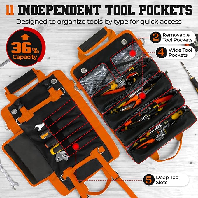 Roll Up Tool Bag, Heavy Duty See-Through Tool Roll Organizer with 2 Detachable Pouches, Portable Mechanic & Motorcycle Tool Bag, Birthday & Father’s Day Gift, Orange