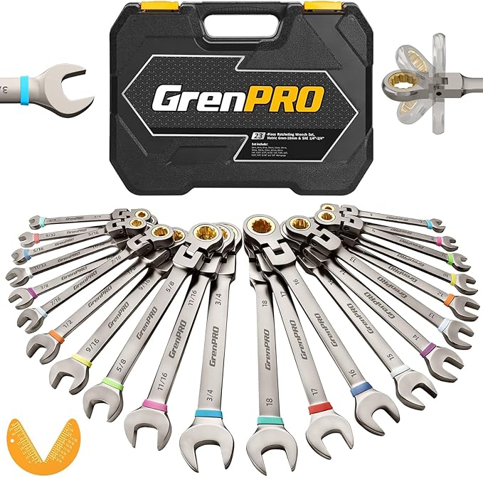 23PCS Flex-Head Ratcheting Wrench Set, Combination Ratchet Wrenches Set Metric and Standard & SAE with Organizer Box, 6-18mm & 1/4" to 3/4" with Color Ring, Nickel Plating Socket Mechanic Tool