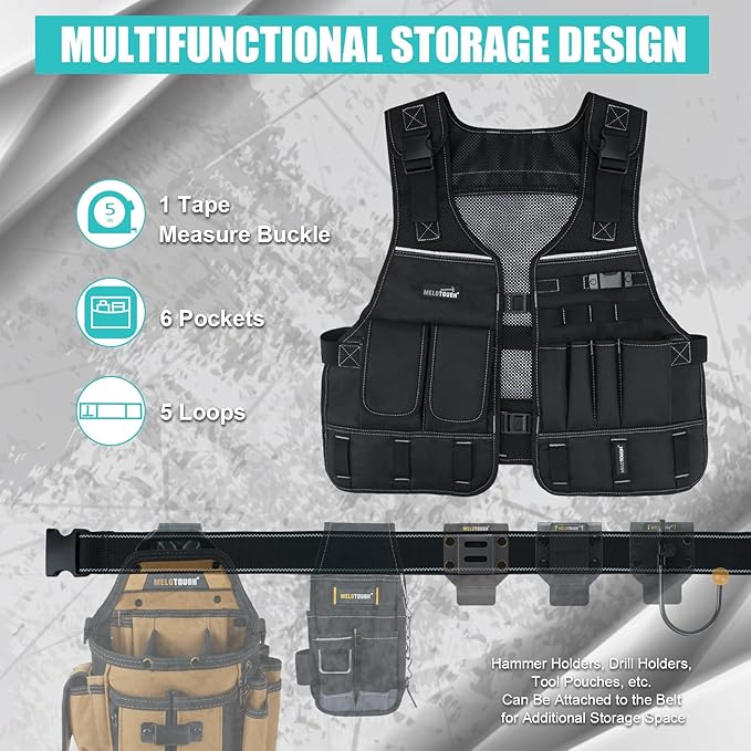 MELOTOUGH Tool Vest for Men with Pouches and Belt, Adjustable Multi-Pocket Safety Tool Vest for Electrician, Carpenter(Black)