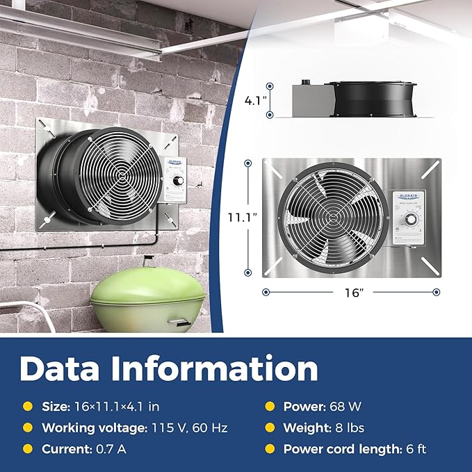 ALORAIR 720 CFM Stainless Steel Crawl Space Vent Fan - Air Out Ventilation Fan with Humidistat Dehumidistat, IP55 Rated Exhaust Fan with Isolation Mesh for Crawlspace Foundation Basements Garage Attic