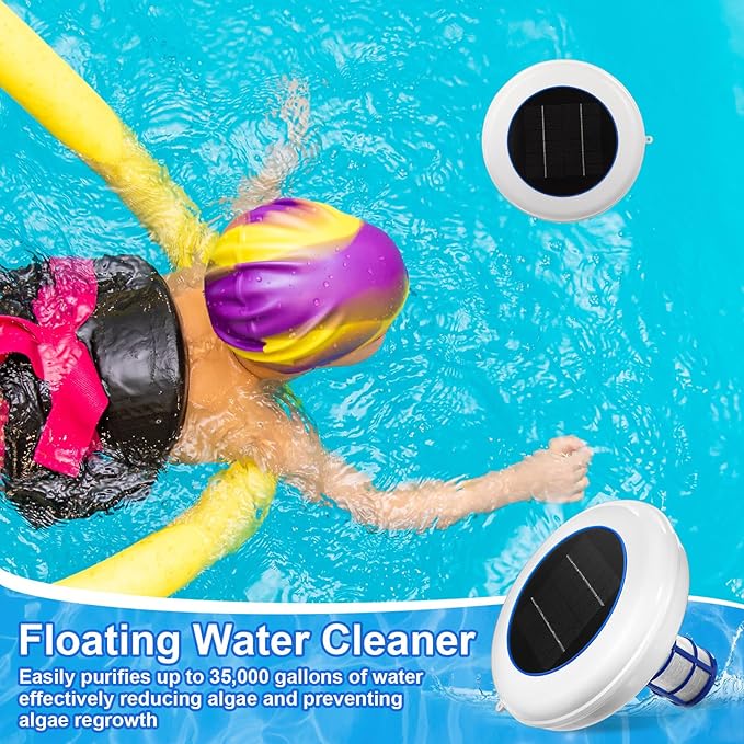 Qualirey 1 Set Solar Pool Ionizer Floating Water Cleaner and Purifier, Kill Algae in Pool, 85% Less Cl, with 4 Pcs Eliminating Ball for Fresh and Salt Water Pools Spas, Reusable (White)