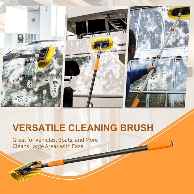 Car Wash Brush, 12FT Telescopic Car Wash Brush with Long Handle, 12-Inch Soft Bristle Car Cleaning Brush for Cleaning Car, RV, Truck, Boat, Solar Panels