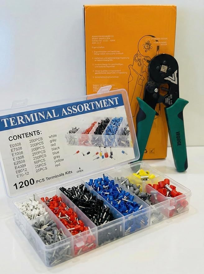 Ferrule Crimping Tool Kit - with 1200PCS Wire Connectors - AWG23-7 Self-adjustable Ratchet Wire Crimping Tool Kit Crimper Plier Set