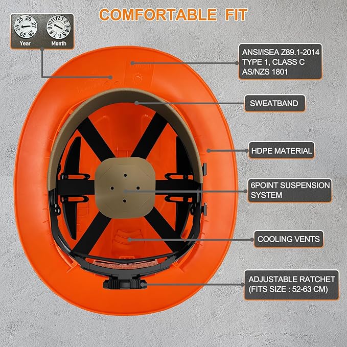 Full Brim Hard Hat ANSI Z89.1 Type 1 & OSHA Certified Safety Helmet with Glasses and Cooling Towel,with 6-Point Suspension & Adjustable Vents