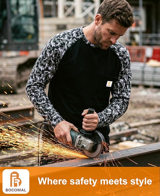 BOCOMAL FR Shirts Crewneck 7oz Midweight Flame Resistant Clothing NFPA2112 CAT2 Men's Fire Retardant Work Shirt