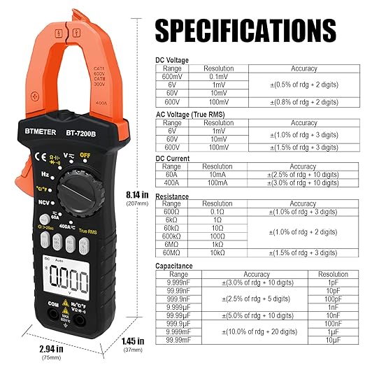 BTMETER BT-7200B TRMS 6000 Counts Clamp Multimeter, Digital Clamp-on Ammeter for AC/DC Current Voltage Resistance Capacitor Frequency Continuity Temperature NCV
