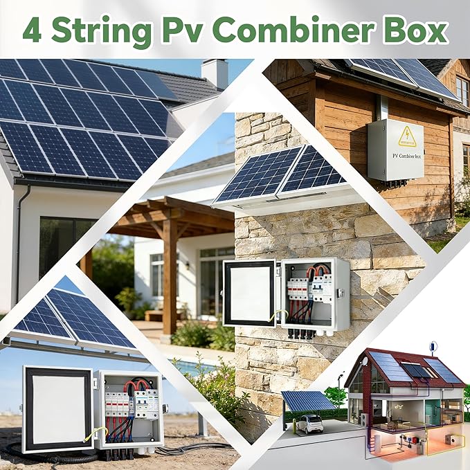 4 String Solar Combiner Box, IP65 Waterproof PV Combiner Break for On/Off Grid Solar System, with Lightning Arrester, 15A Rated Current Fuse& 63A Circuit Breaker (Metal Box)