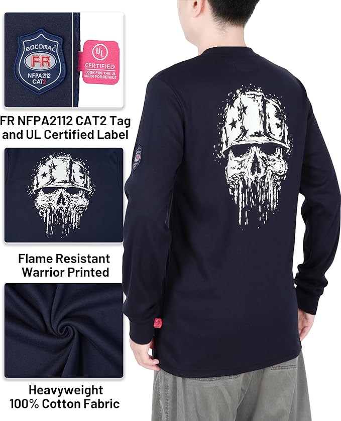 BOCOMAL FR Shirts Crewneck 7oz Midweight Flame Resistant Clothing NFPA2112 CAT2 Men's Fire Retardant Work Shirt