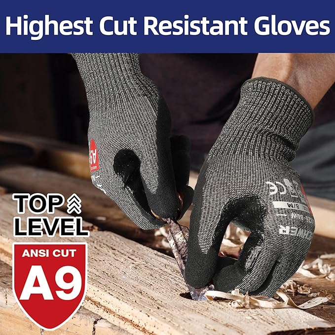 Schwer ProGuard High Level Cut Resistant Work Gloves PR3326 for Extreme Protection，ANSI A9 Cut Gloves with Reinforced Thumb, Non Slip, Breathable, Durable, Touch-screen, Black 1 Pair（M）