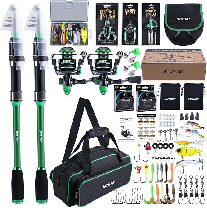 Goture Fishing Rod and Reel Combos-2PCS Telescopic Fishing Pole+2PCS Pre-Loaded Spinning Reels with Carrier Bag,1.8M-2.7M Telescopic Rod Reel Kit for Starter Travel Saltwater Freshwater,Gifts for Men